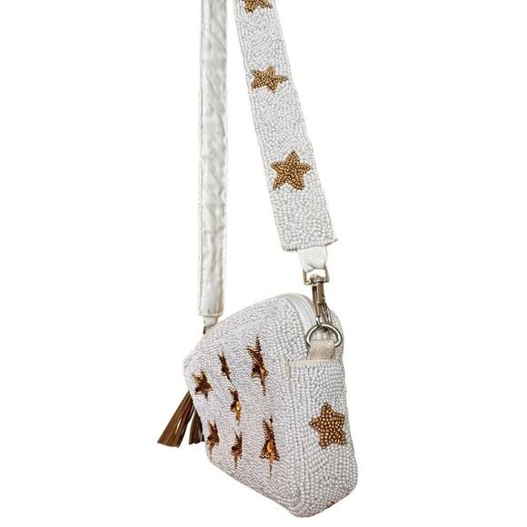 Beaded White Gold Star Crossbody Handbag Purse Rockstar Removeable Strap Bridal - Picture 8 of 16